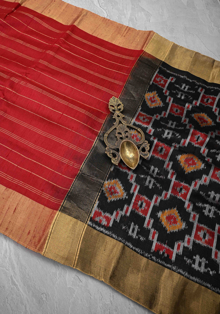 Red Horizontal Zari Stripes on Pure Raw Silk Saree with Tissue Zari Border and Ikkat Pallu | SILK MARK CERTIFIED