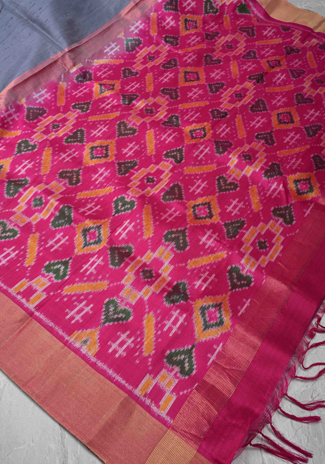 Gray Pure Raw Silk Saree with Tissue Zari Border and Ikkat Pallu | SILK MARK CERTIFIED