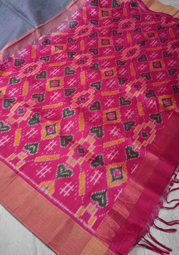 Gray Pure Raw Silk Saree with Tissue Zari Border and Ikkat Pallu | SILK MARK CERTIFIED