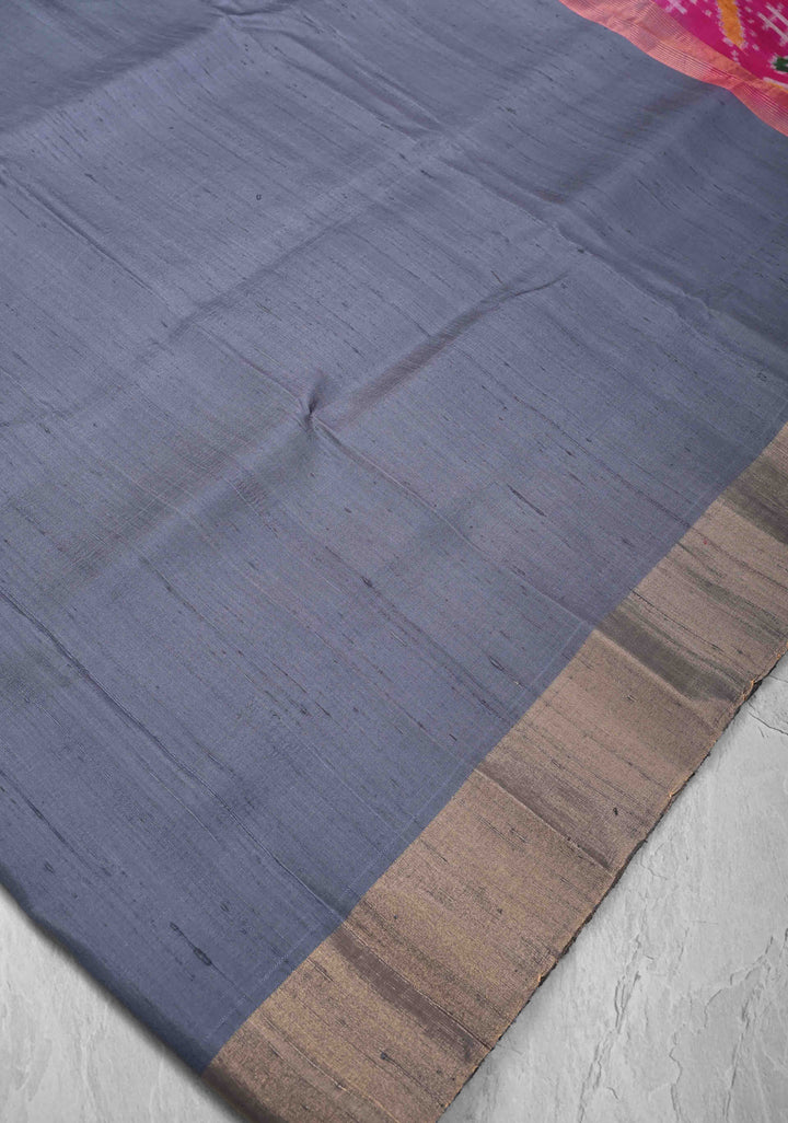 Gray Pure Raw Silk Saree with Tissue Zari Border and Ikkat Pallu | SILK MARK CERTIFIED