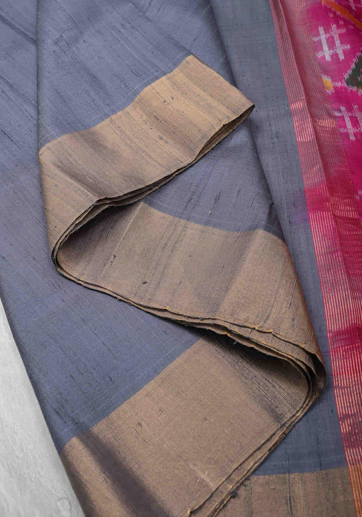 Gray Pure Raw Silk Saree with Tissue Zari Border and Ikkat Pallu | SILK MARK CERTIFIED