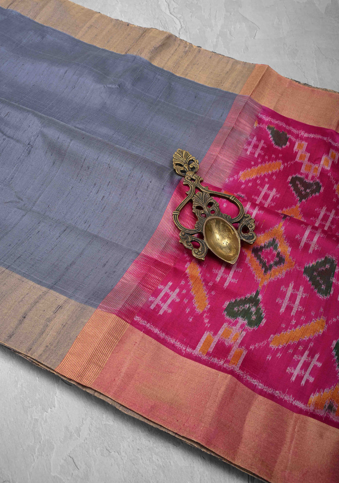 Gray Pure Raw Silk Saree with Tissue Zari Border and Ikkat Pallu | SILK MARK CERTIFIED