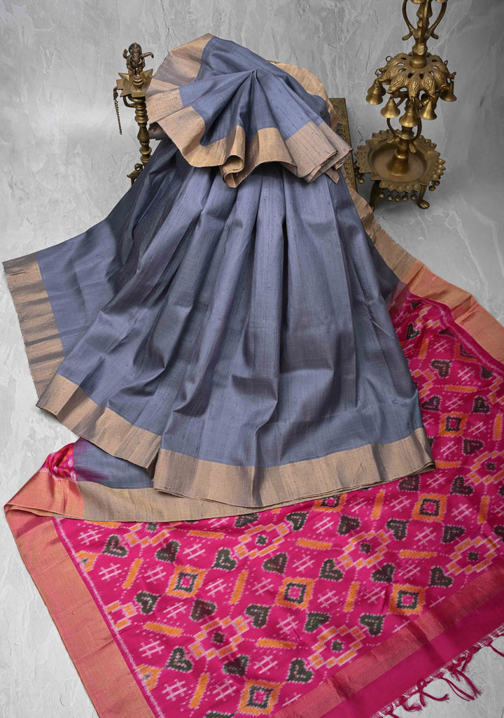 Gray Pure Raw Silk Saree with Tissue Zari Border and Ikkat Pallu | SILK MARK CERTIFIED