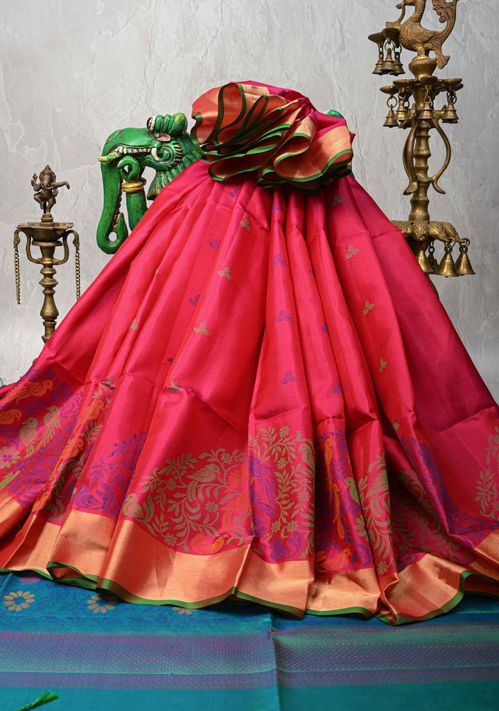 Pinkish Red Soft Silk Saree with Resham Weave and Tissue Zari Borders | SILK MARK CERTIFIED