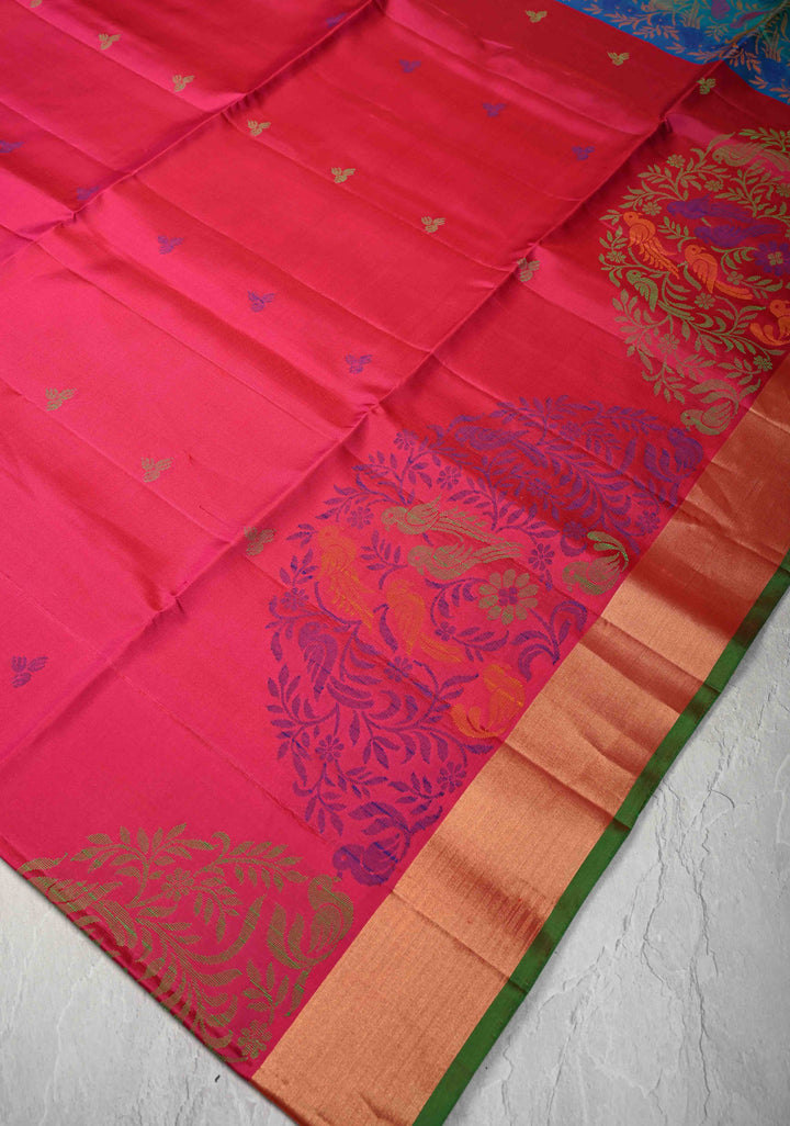 Pinkish Red Soft Silk Saree with Resham Weave and Tissue Zari Borders | SILK MARK CERTIFIED