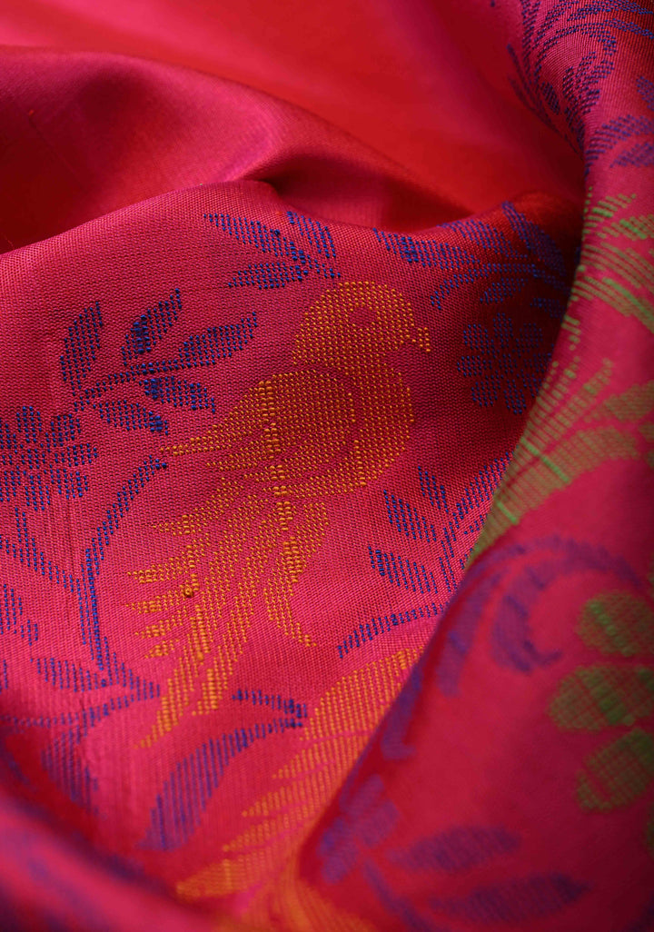 Pinkish Red Soft Silk Saree with Resham Weave and Tissue Zari Borders | SILK MARK CERTIFIED