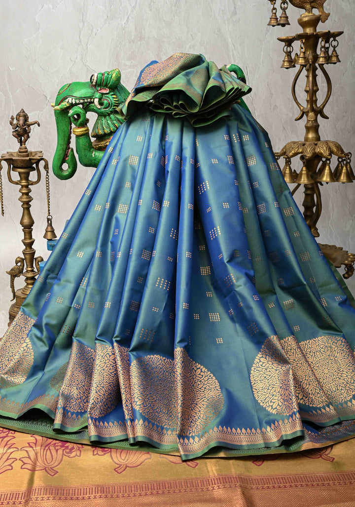 Peacock Blue Kanchi Semi Silk Saree with Zari Buttas and Mandala Motifs on Minimal Zari Border