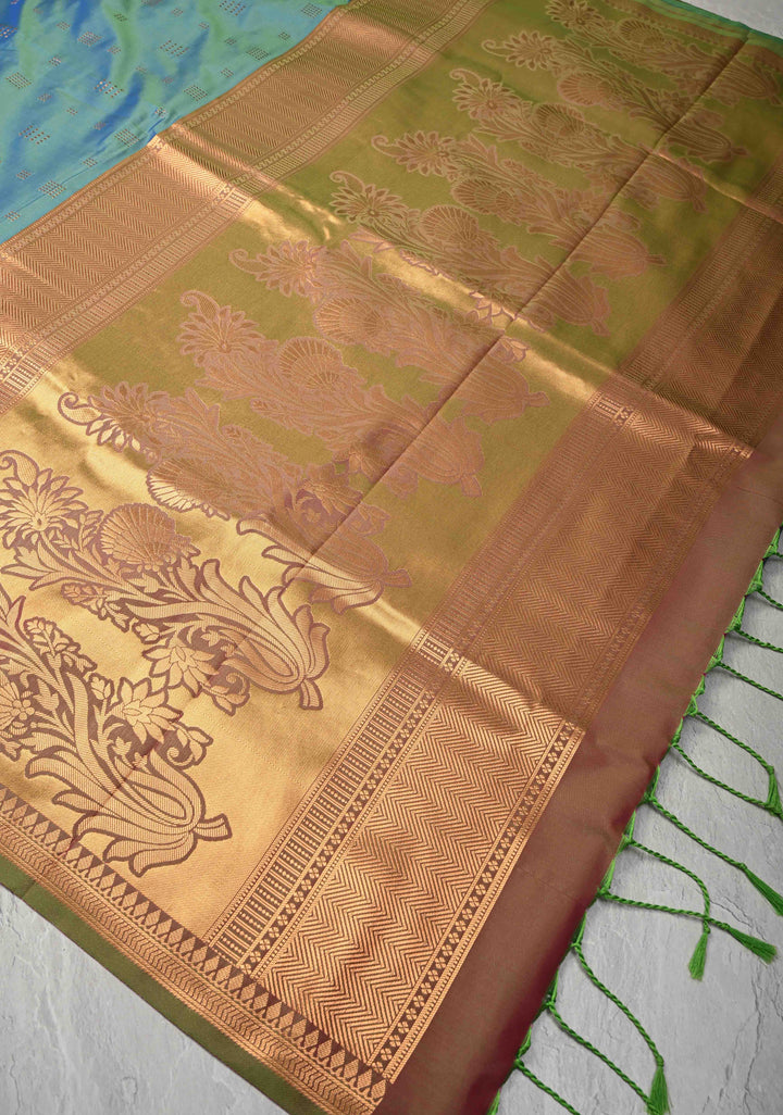 Peacock Blue Kanchi Semi Silk Saree with Zari Buttas and Mandala Motifs on Minimal Zari Border