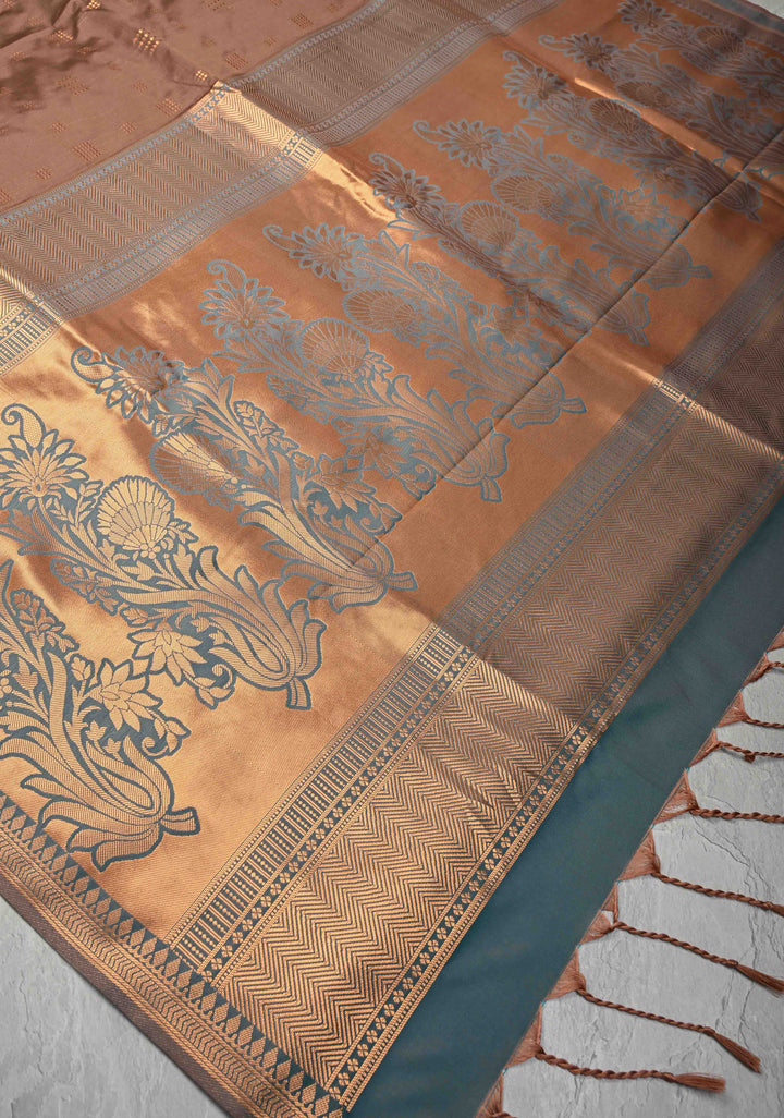 Copper Rose Kanchi Semi Silk Saree with Zari Buttas and Mandala Motifs on Minimal Zari Border