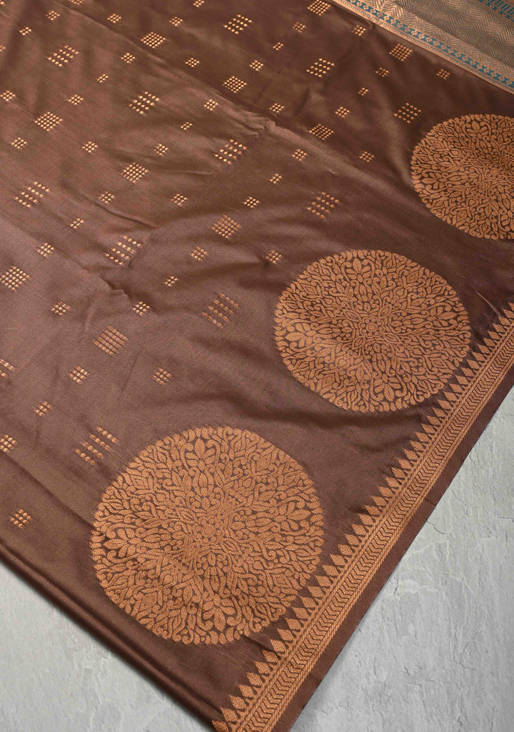 Copper Rose Kanchi Semi Silk Saree with Zari Buttas and Mandala Motifs on Minimal Zari Border