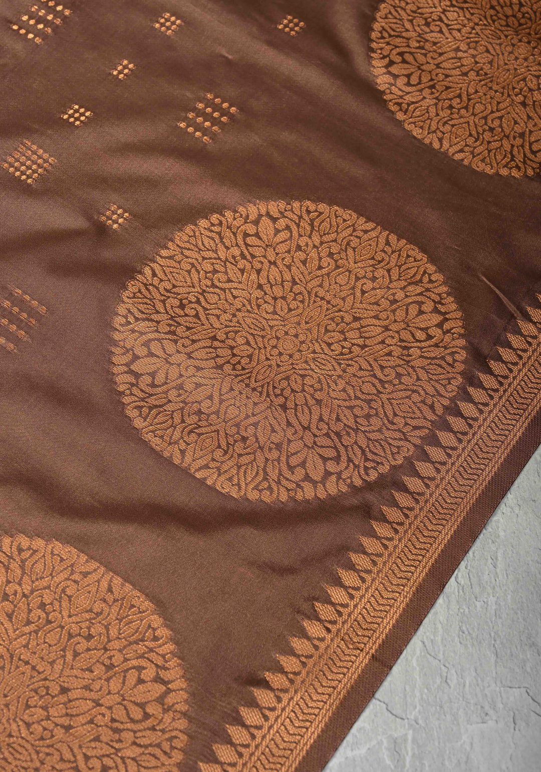 Copper Rose Kanchi Semi Silk Saree with Zari Buttas and Mandala Motifs on Minimal Zari Border