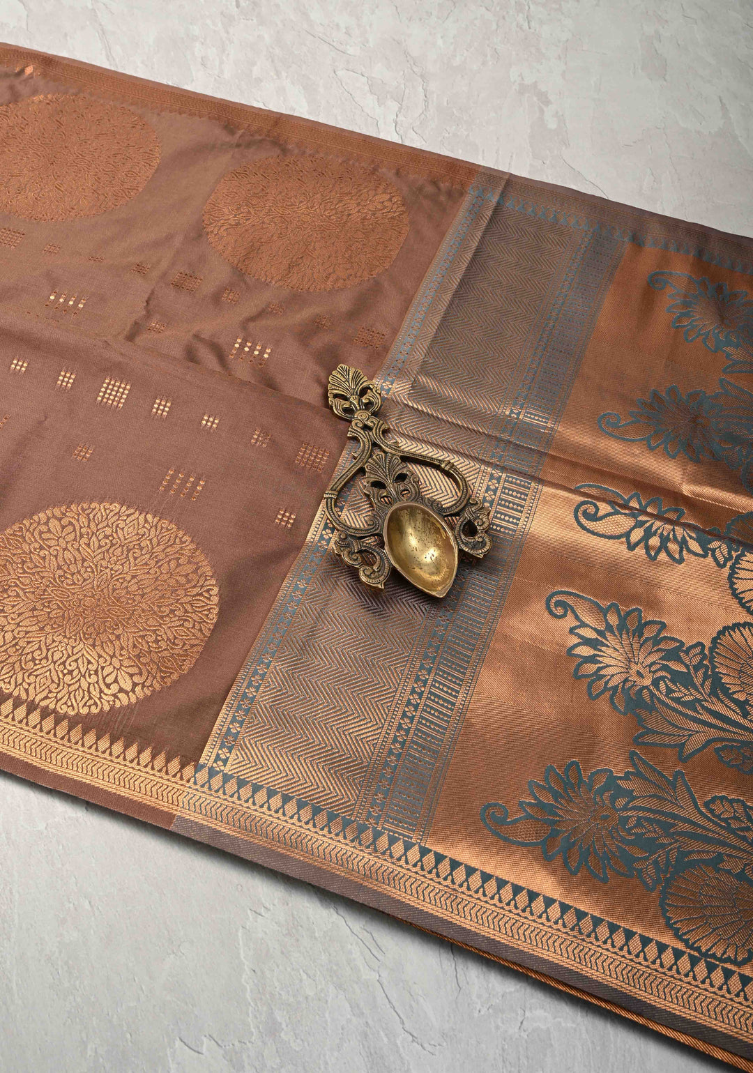Copper Rose Kanchi Semi Silk Saree with Zari Buttas and Mandala Motifs on Minimal Zari Border