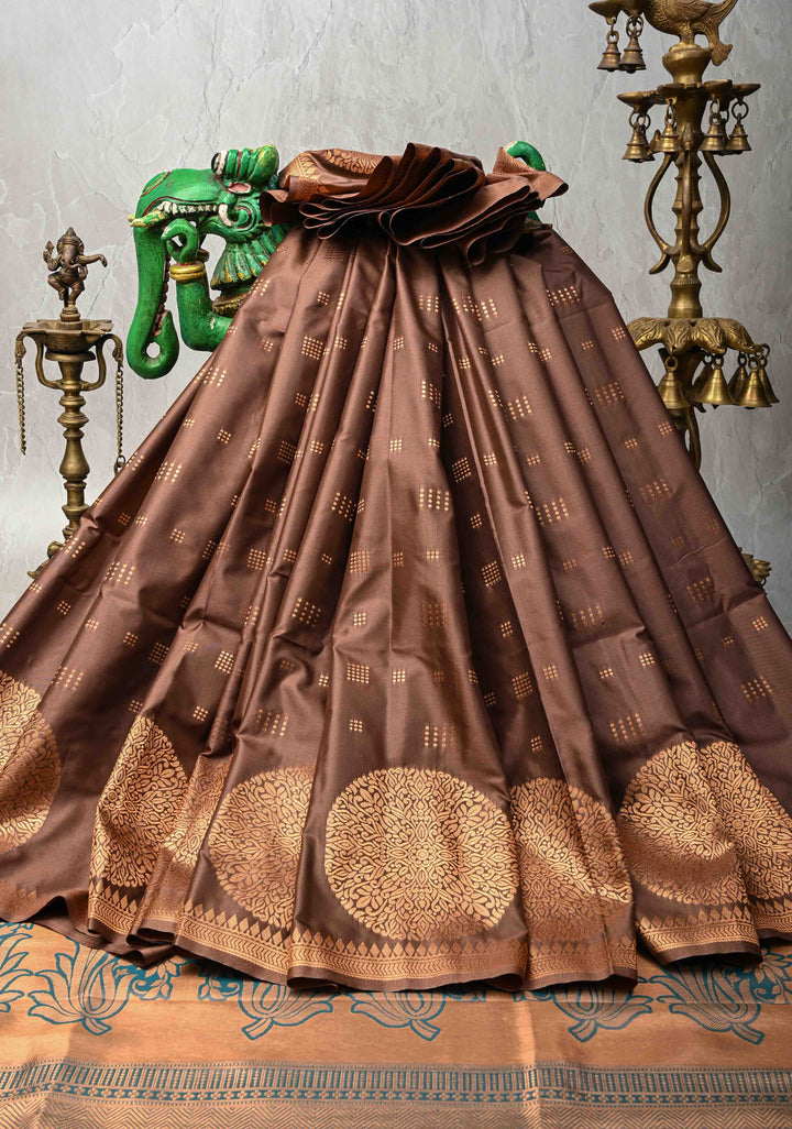Copper Rose Kanchi Semi Silk Saree with Zari Buttas and Mandala Motifs on Minimal Zari Border