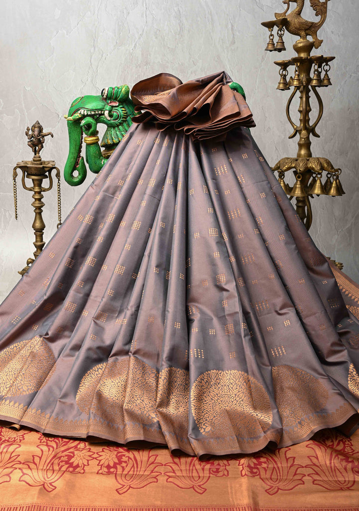Rosy Brown Kanchi Semi Silk Saree with Zari Buttas and Mandala Motifs on Minimal Zari Border