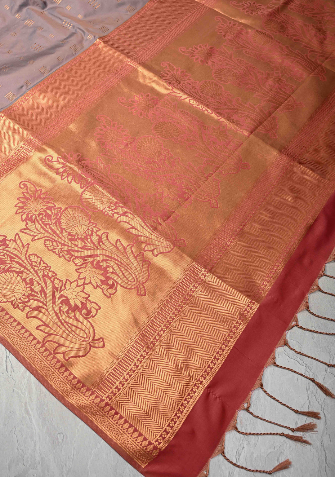 Rosy Brown Kanchi Semi Silk Saree with Zari Buttas and Mandala Motifs on Minimal Zari Border