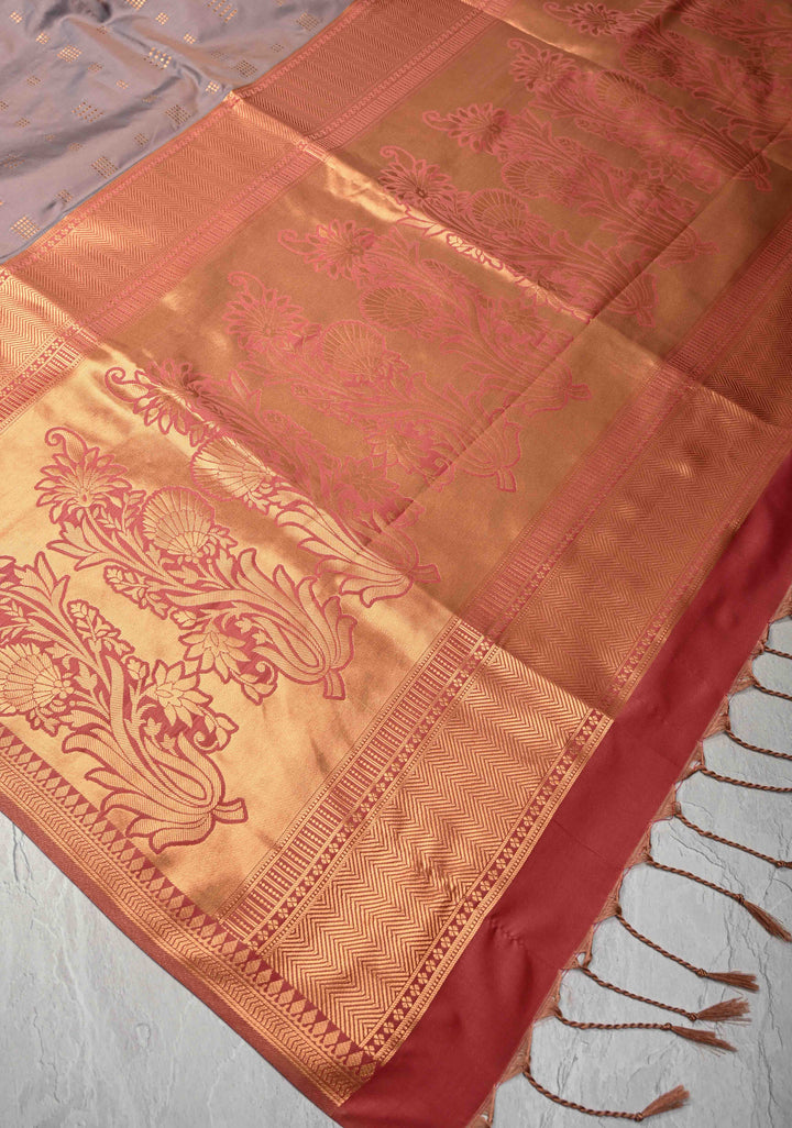 Rosy Brown Kanchi Semi Silk Saree with Zari Buttas and Mandala Motifs on Minimal Zari Border