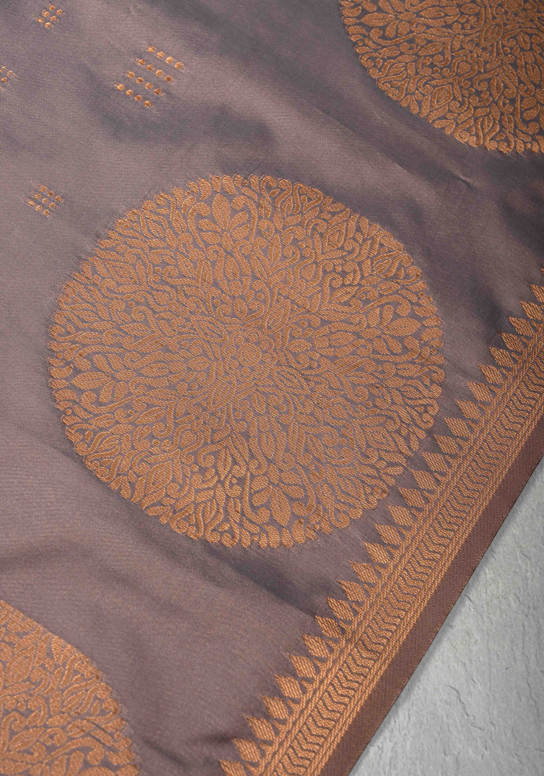 Rosy Brown Kanchi Semi Silk Saree with Zari Buttas and Mandala Motifs on Minimal Zari Border