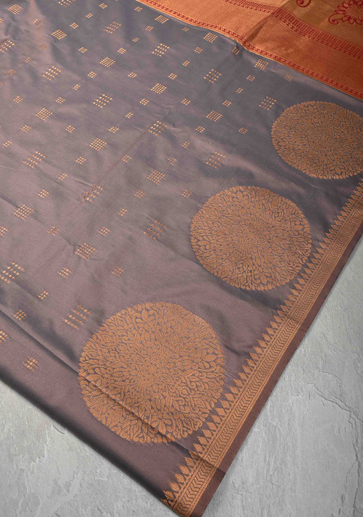 Rosy Brown Kanchi Semi Silk Saree with Zari Buttas and Mandala Motifs on Minimal Zari Border