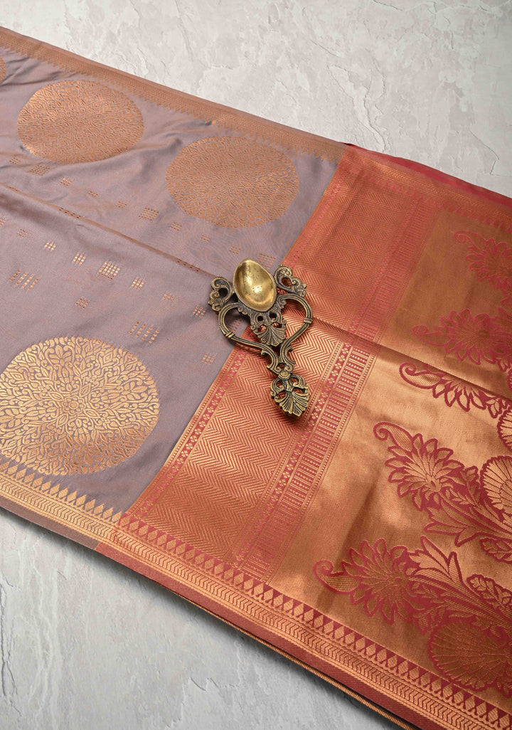 Rosy Brown Kanchi Semi Silk Saree with Zari Buttas and Mandala Motifs on Minimal Zari Border