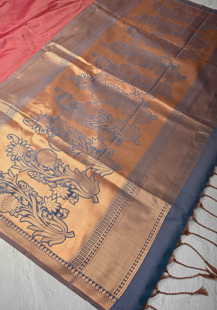 Rose Vale Kanchi Semi Silk Saree with Zari Buttas and Mandala Motifs on Minimal Zari Border