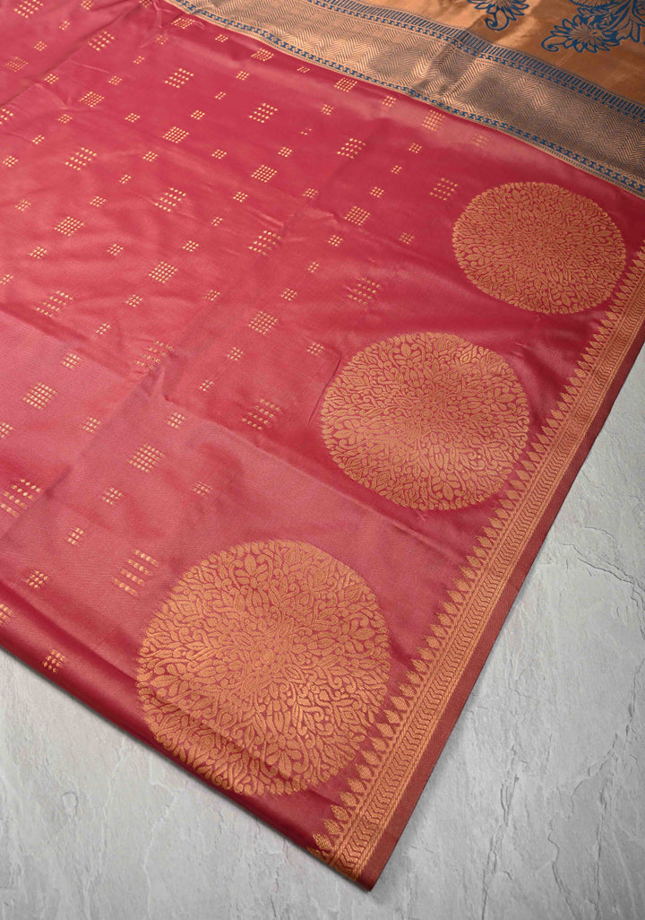Rose Vale Kanchi Semi Silk Saree with Zari Buttas and Mandala Motifs on Minimal Zari Border
