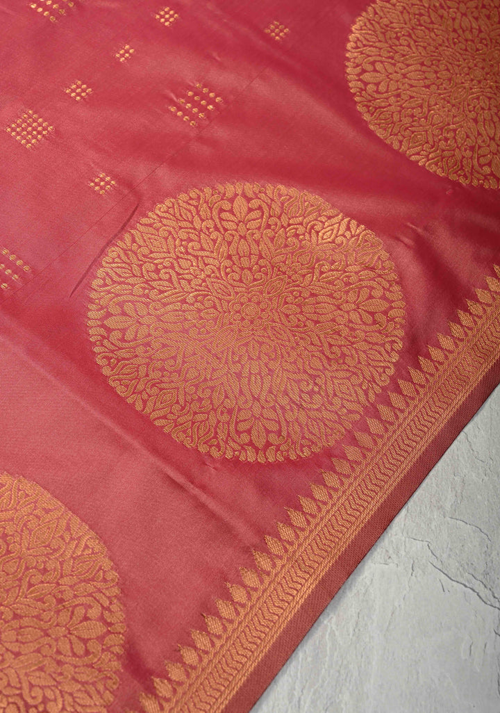 Rose Vale Kanchi Semi Silk Saree with Zari Buttas and Mandala Motifs on Minimal Zari Border