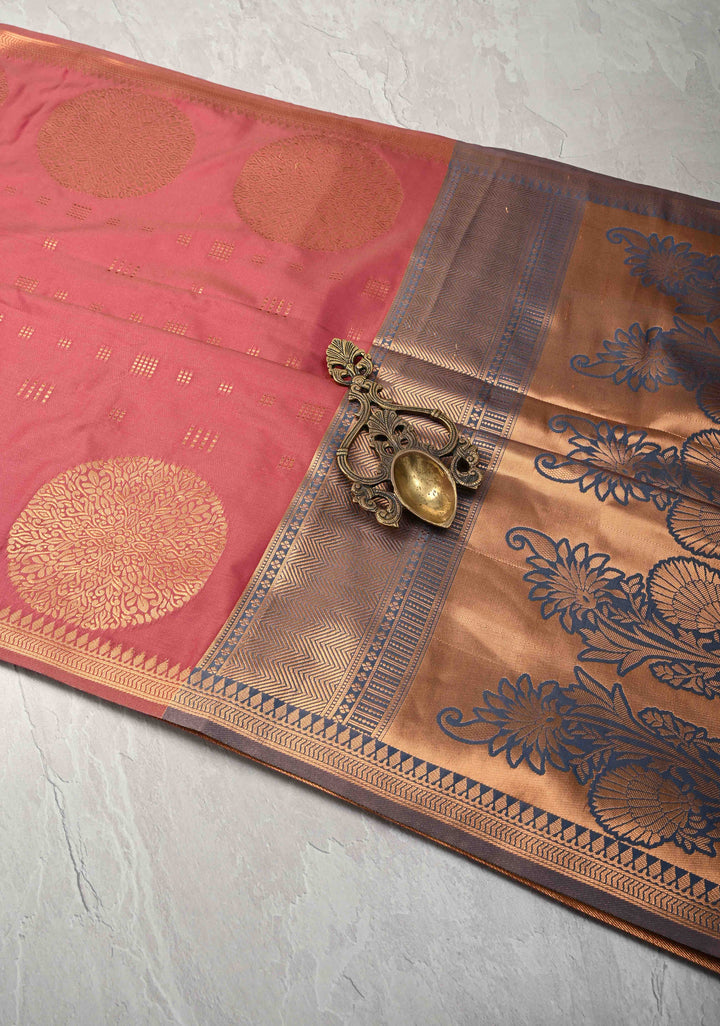 Rose Vale Kanchi Semi Silk Saree with Zari Buttas and Mandala Motifs on Minimal Zari Border