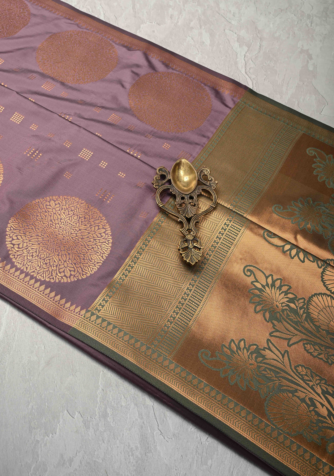 Turkish Rose Kanchi Semi Silk Saree with Zari Buttas and Mandala Motifs on Minimal Zari Border