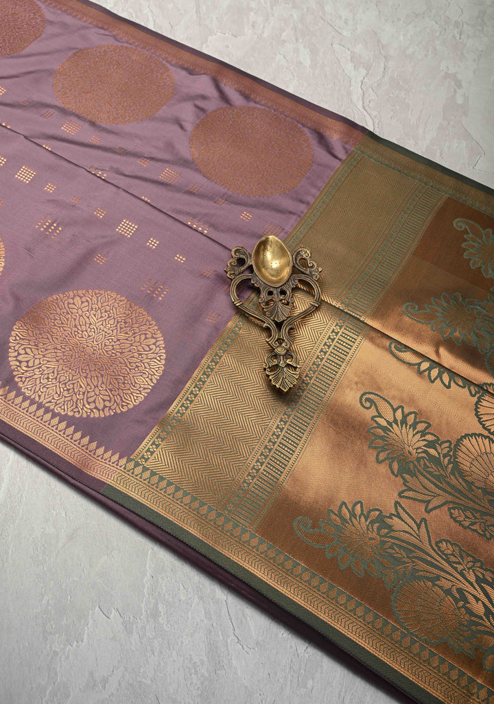 Turkish Rose Kanchi Semi Silk Saree with Zari Buttas and Mandala Motifs on Minimal Zari Border