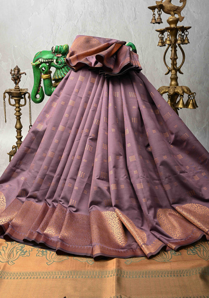 Turkish Rose Kanchi Semi Silk Saree with Zari Buttas and Mandala Motifs on Minimal Zari Border