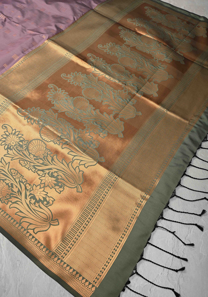 Turkish Rose Kanchi Semi Silk Saree with Zari Buttas and Mandala Motifs on Minimal Zari Border