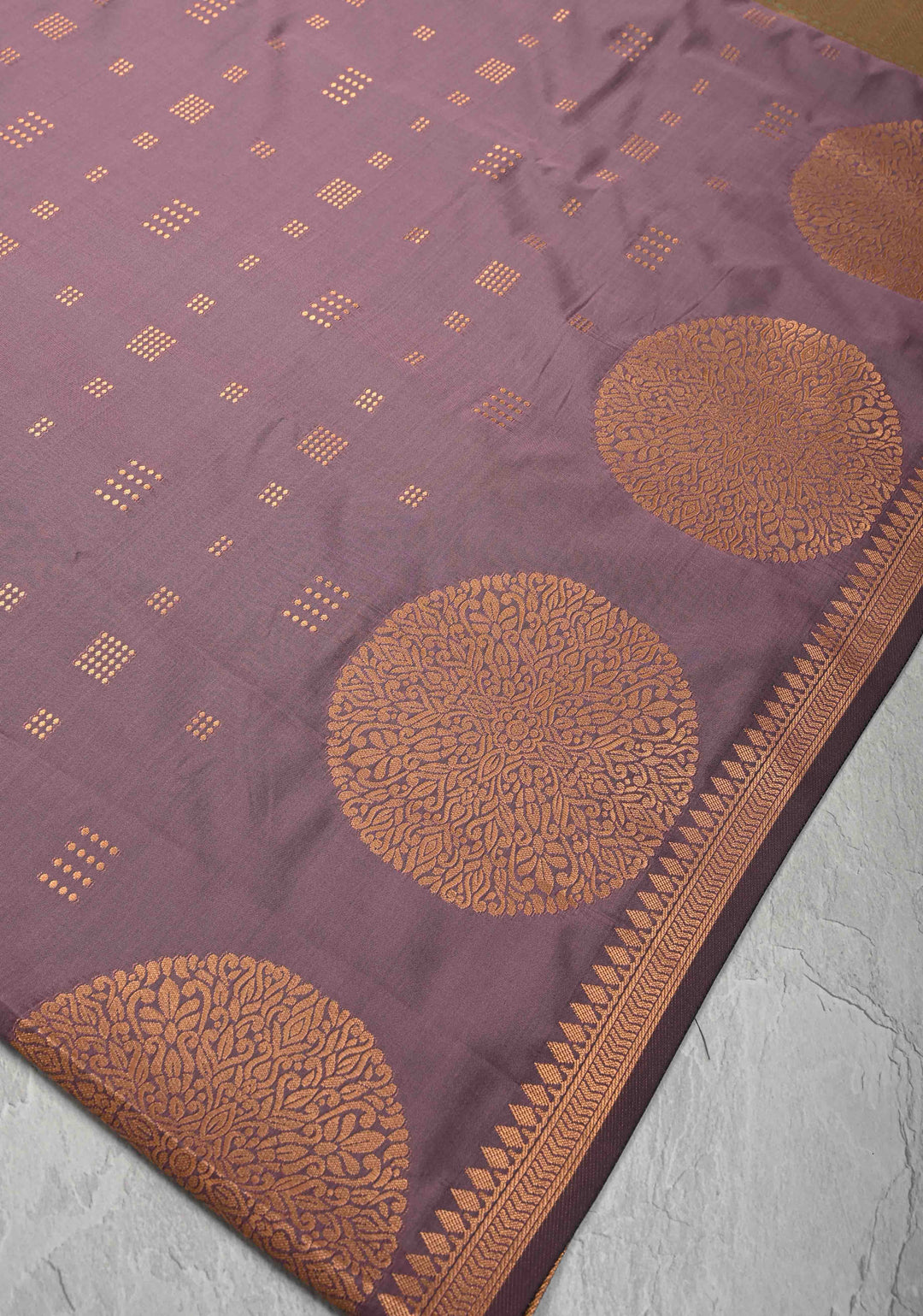 Turkish Rose Kanchi Semi Silk Saree with Zari Buttas and Mandala Motifs on Minimal Zari Border