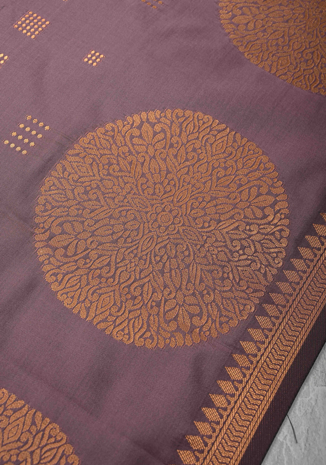 Turkish Rose Kanchi Semi Silk Saree with Zari Buttas and Mandala Motifs on Minimal Zari Border