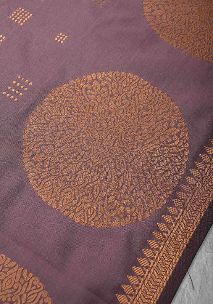 Turkish Rose Kanchi Semi Silk Saree with Zari Buttas and Mandala Motifs on Minimal Zari Border