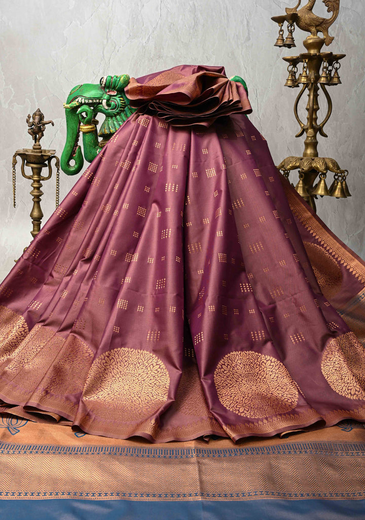 Dark Mauve Kanchi Semi Silk Saree with Zari Buttas and Mandala Motifs on Minimal Zari Border