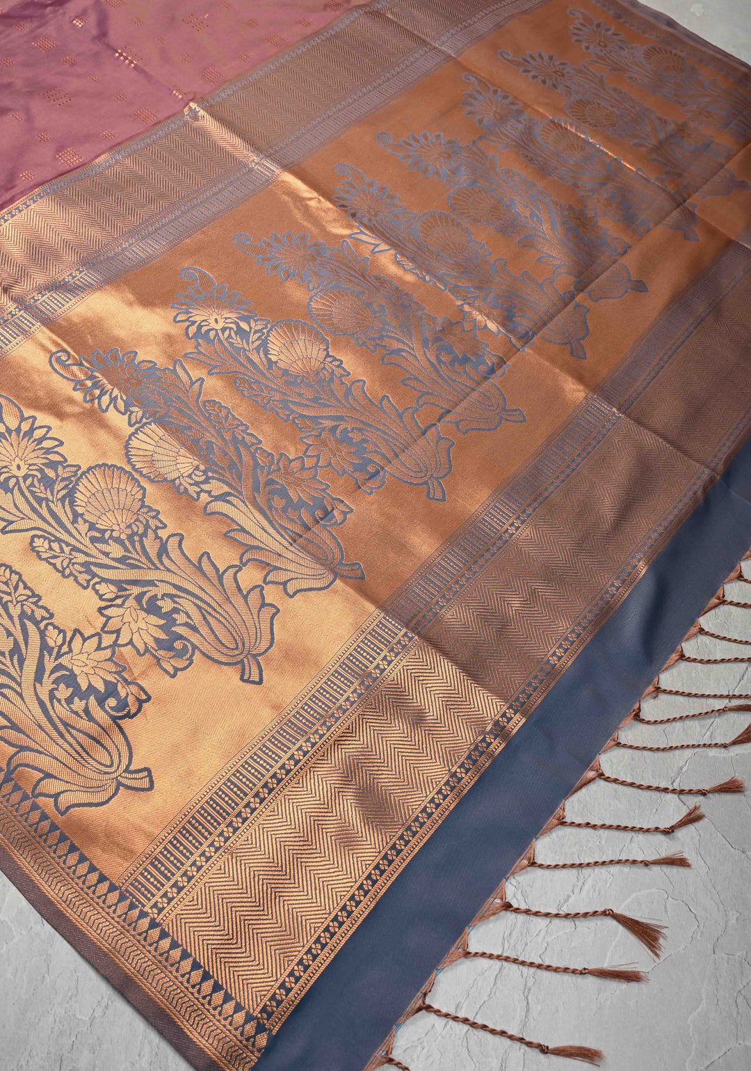 Dark Mauve Kanchi Semi Silk Saree with Zari Buttas and Mandala Motifs on Minimal Zari Border