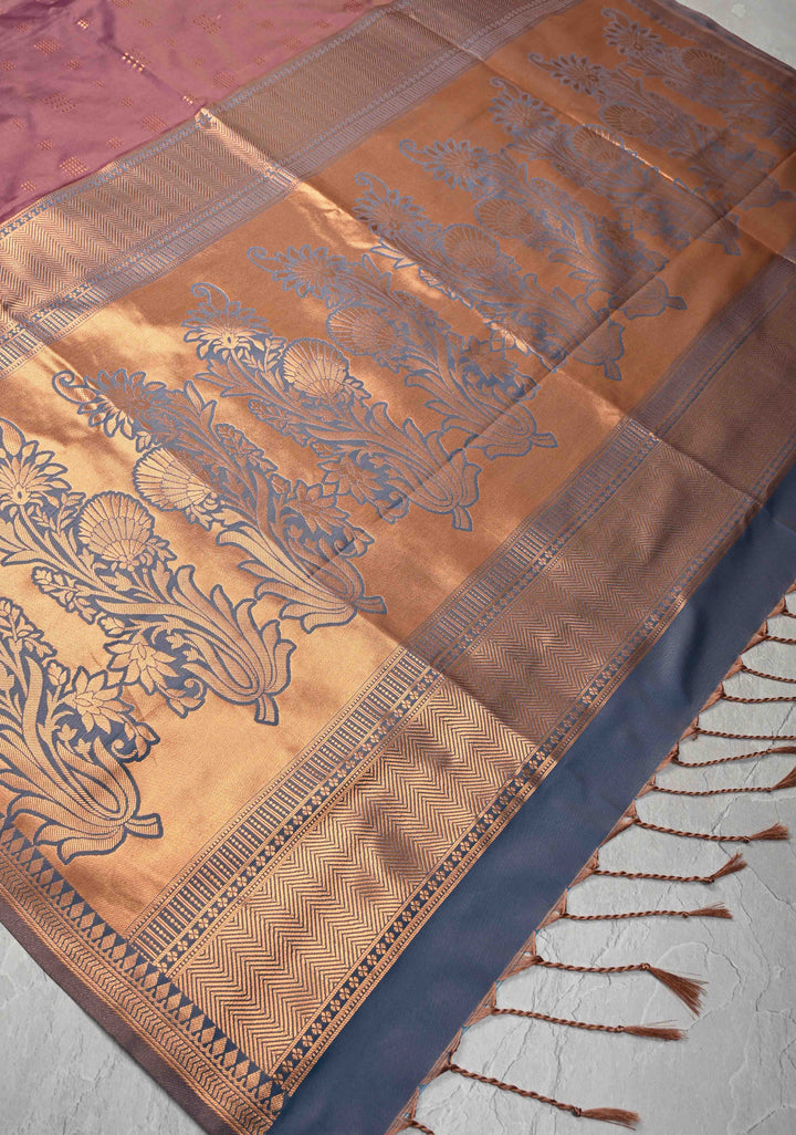 Dark Mauve Kanchi Semi Silk Saree with Zari Buttas and Mandala Motifs on Minimal Zari Border