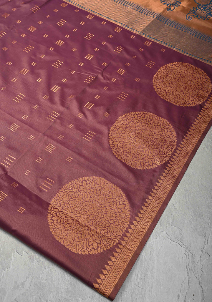 Dark Mauve Kanchi Semi Silk Saree with Zari Buttas and Mandala Motifs on Minimal Zari Border