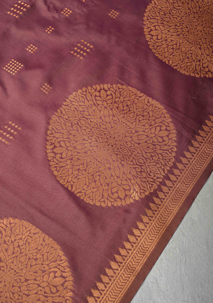 Dark Mauve Kanchi Semi Silk Saree with Zari Buttas and Mandala Motifs on Minimal Zari Border