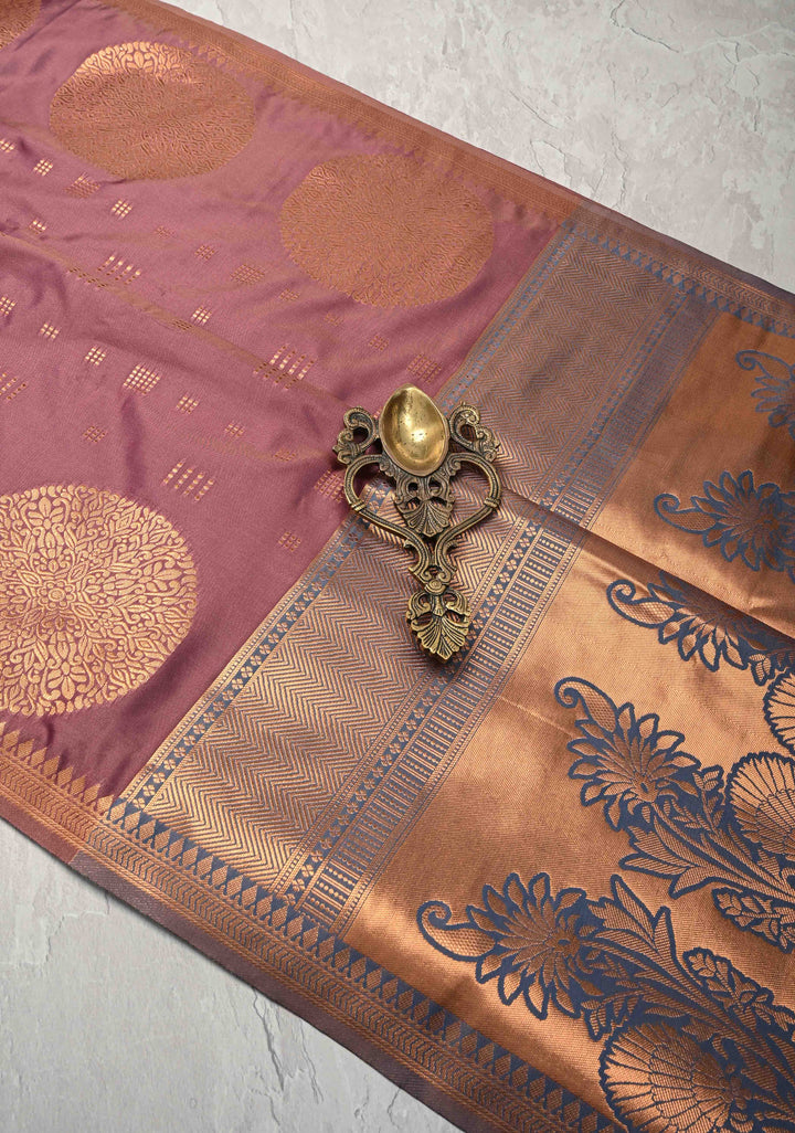 Dark Mauve Kanchi Semi Silk Saree with Zari Buttas and Mandala Motifs on Minimal Zari Border