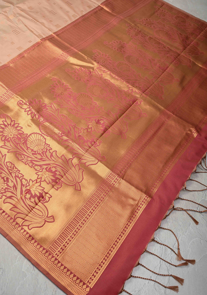 Sandstone Kanchi Semi Silk Saree with Zari Buttas and Mandala Motifs on Minimal Zari Border