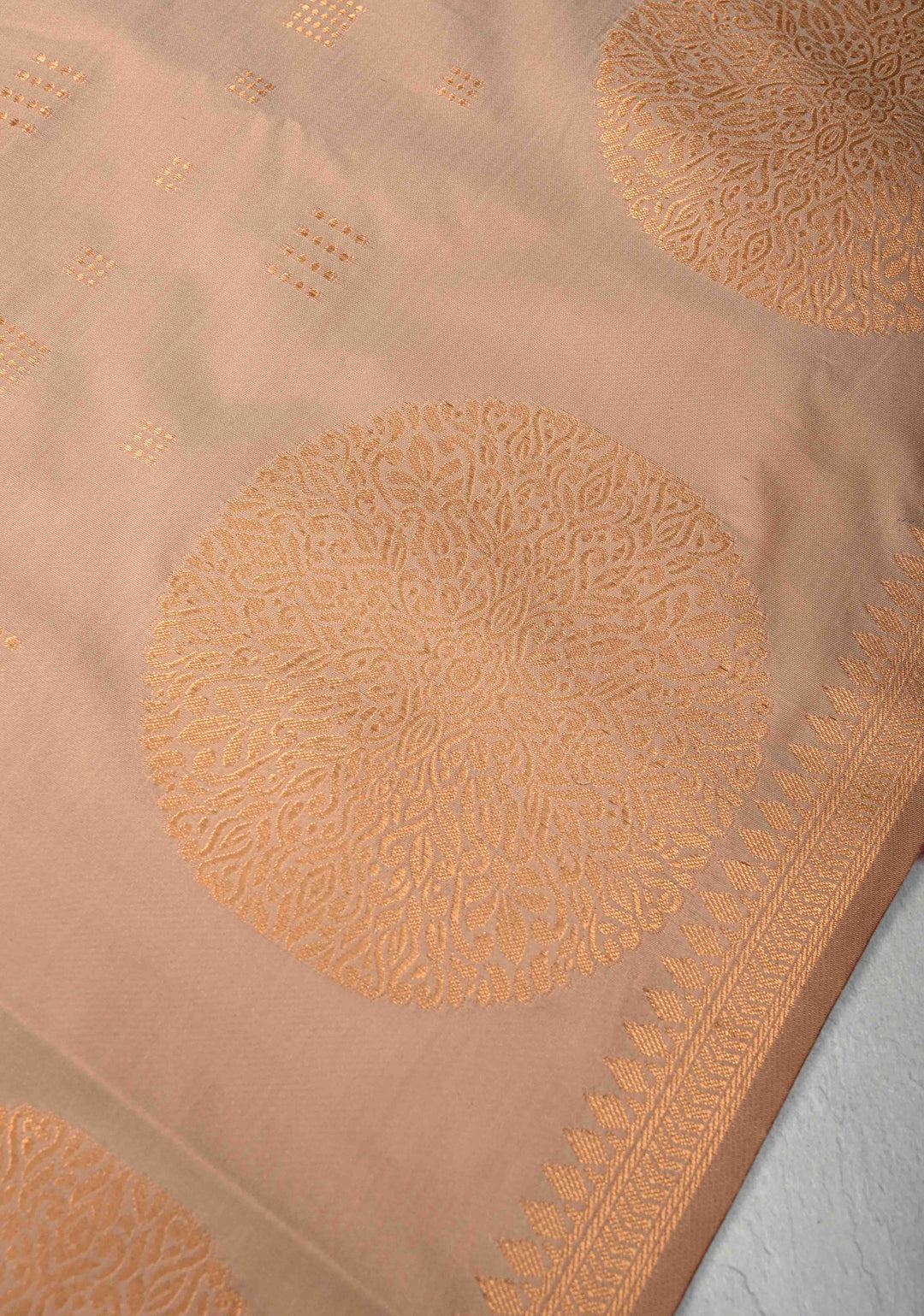 Sandstone Kanchi Semi Silk Saree with Zari Buttas and Mandala Motifs on Minimal Zari Border