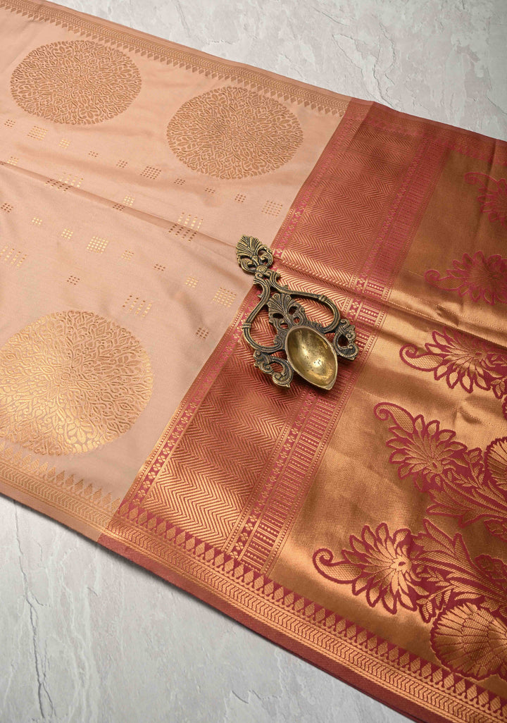 Sandstone Kanchi Semi Silk Saree with Zari Buttas and Mandala Motifs on Minimal Zari Border