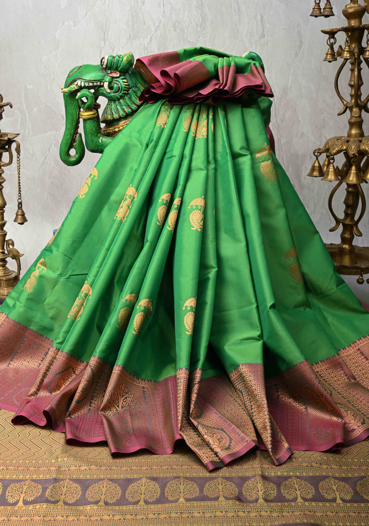 Green Kanchi Semi Silk Saree with Peacock Buttas and Contrast Zari Border