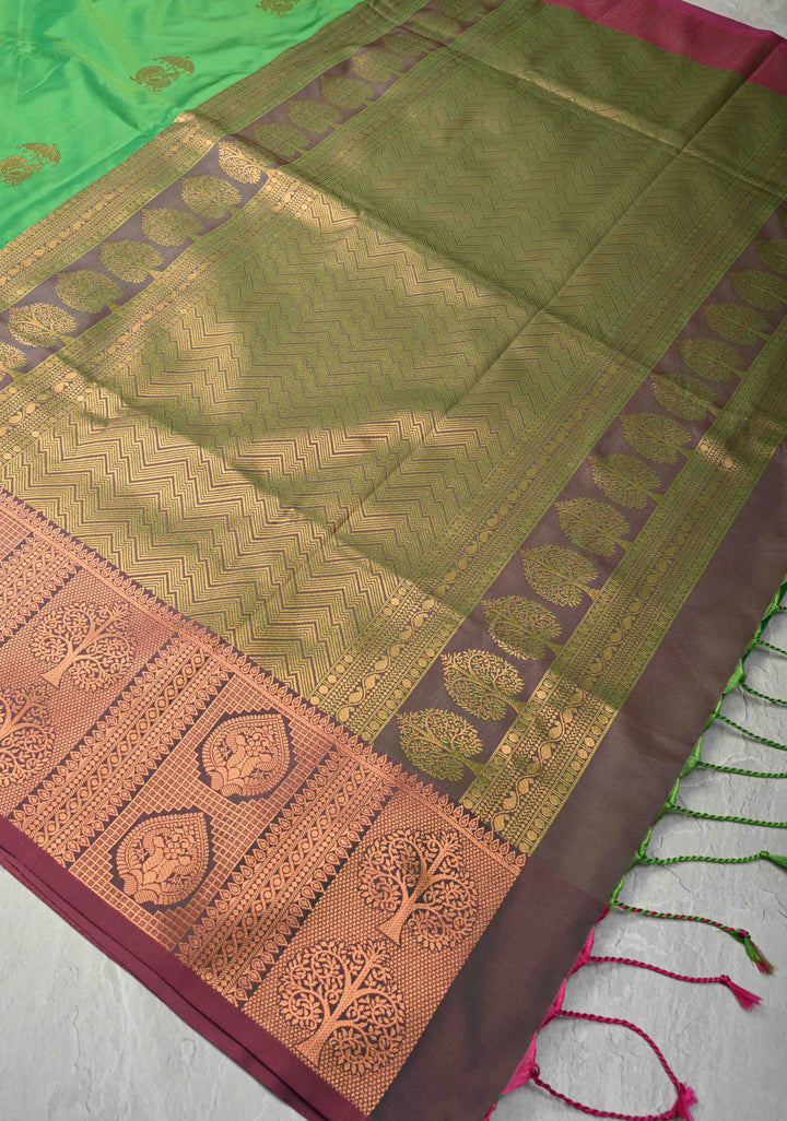 Green Kanchi Semi Silk Saree with Peacock Buttas and Contrast Zari Border