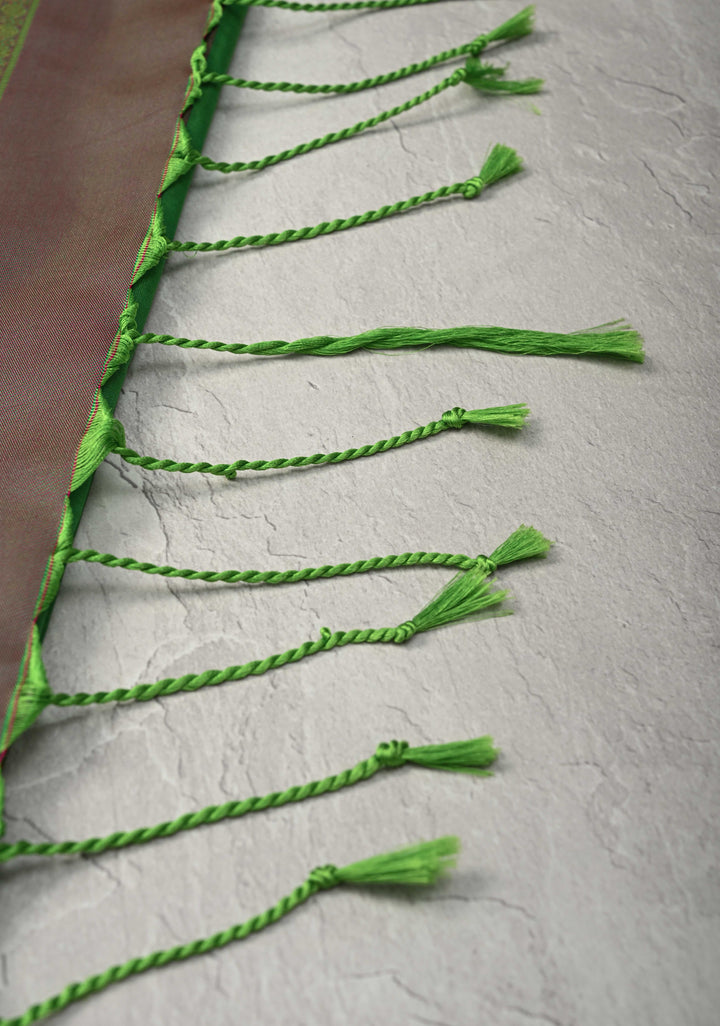 Green Kanchi Semi Silk Saree with Peacock Buttas and Contrast Zari Border