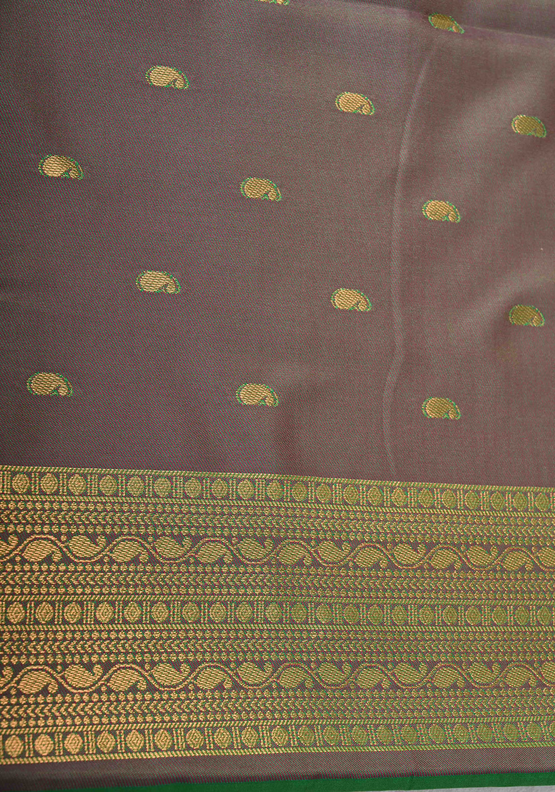 Green Kanchi Semi Silk Saree with Peacock Buttas and Contrast Zari Border