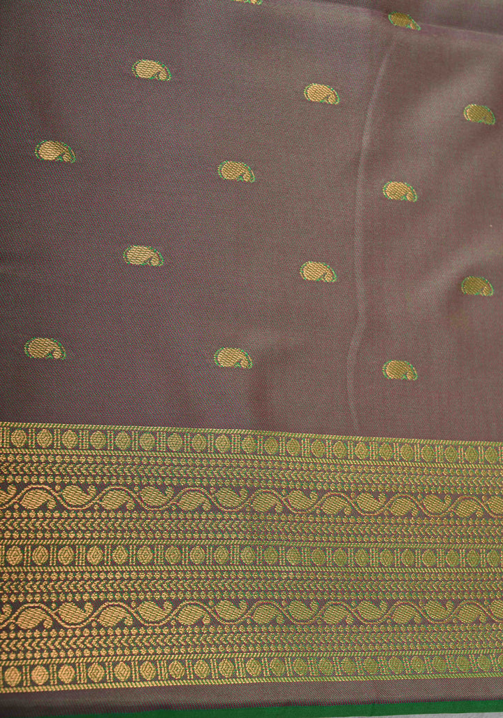 Green Kanchi Semi Silk Saree with Peacock Buttas and Contrast Zari Border