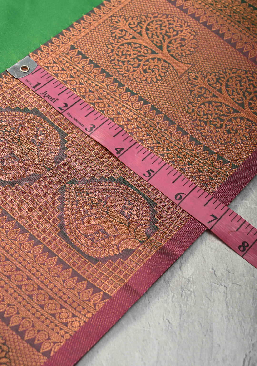 Green Kanchi Semi Silk Saree with Peacock Buttas and Contrast Zari Border