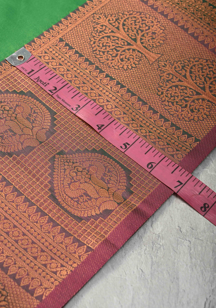 Green Kanchi Semi Silk Saree with Peacock Buttas and Contrast Zari Border